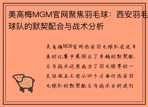 美高梅MGM官网聚焦羽毛球：西安羽毛球队的默契配合与战术分析