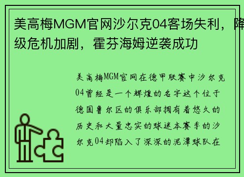 美高梅MGM官网沙尔克04客场失利，降级危机加剧，霍芬海姆逆袭成功